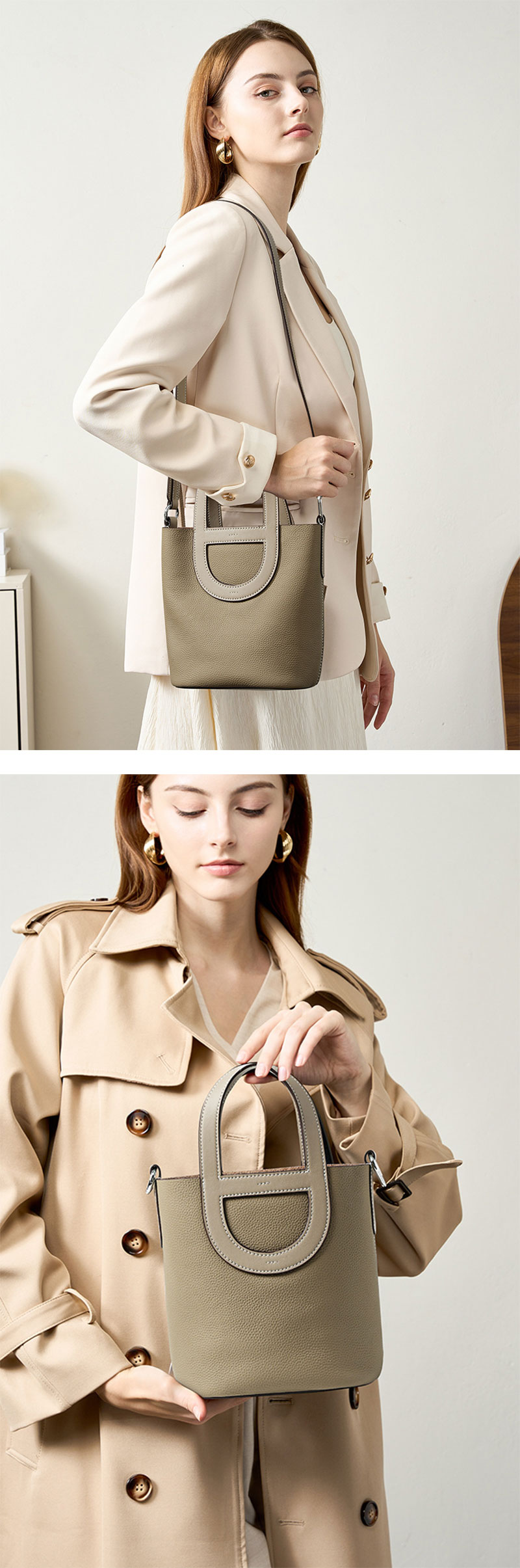 Stylish Cowhide Leather Bucket Bag with Crossbody Strap