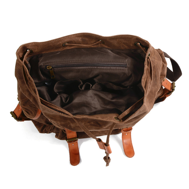 Hot selling low price retro design brown canvas leather school bag outdoor backpack for men