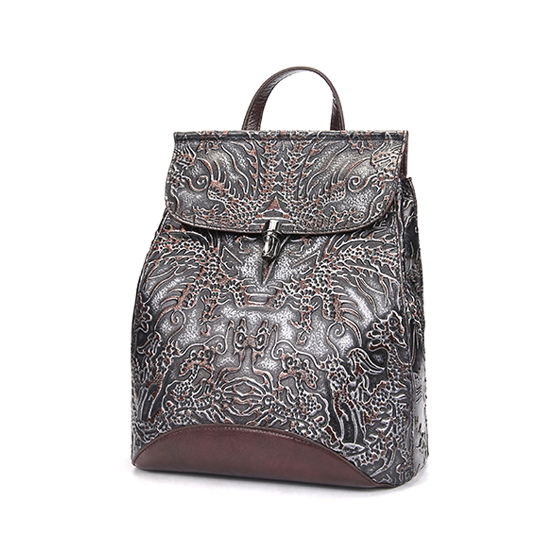 Wholesale price vintage style good quality grey color genuine leather backpack for women