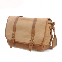 Daily use leisure style khaki cotton canvas leather messenger bag wholesale
