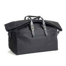 Large capacity black canvas duffle bag with leather shoulder strap
