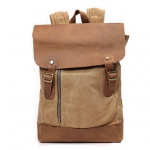 Classical design trend khaki thick canvas leather rucksack backpack for teens