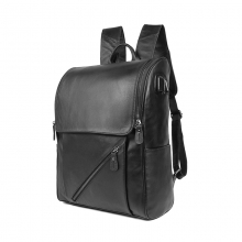 Factory price good quality black leather laptop bag men backpack with USB charger