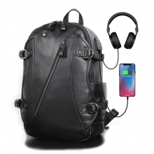 Newest design low price good quality black real leather laptop backpack with USB charging port