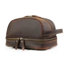 Wholesale price promotional brown leather makeup bag real leather cosmetic bag for traveling