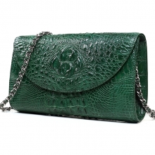 High end handmade green genuine crocodile skin leather clutch bag with metal chain
