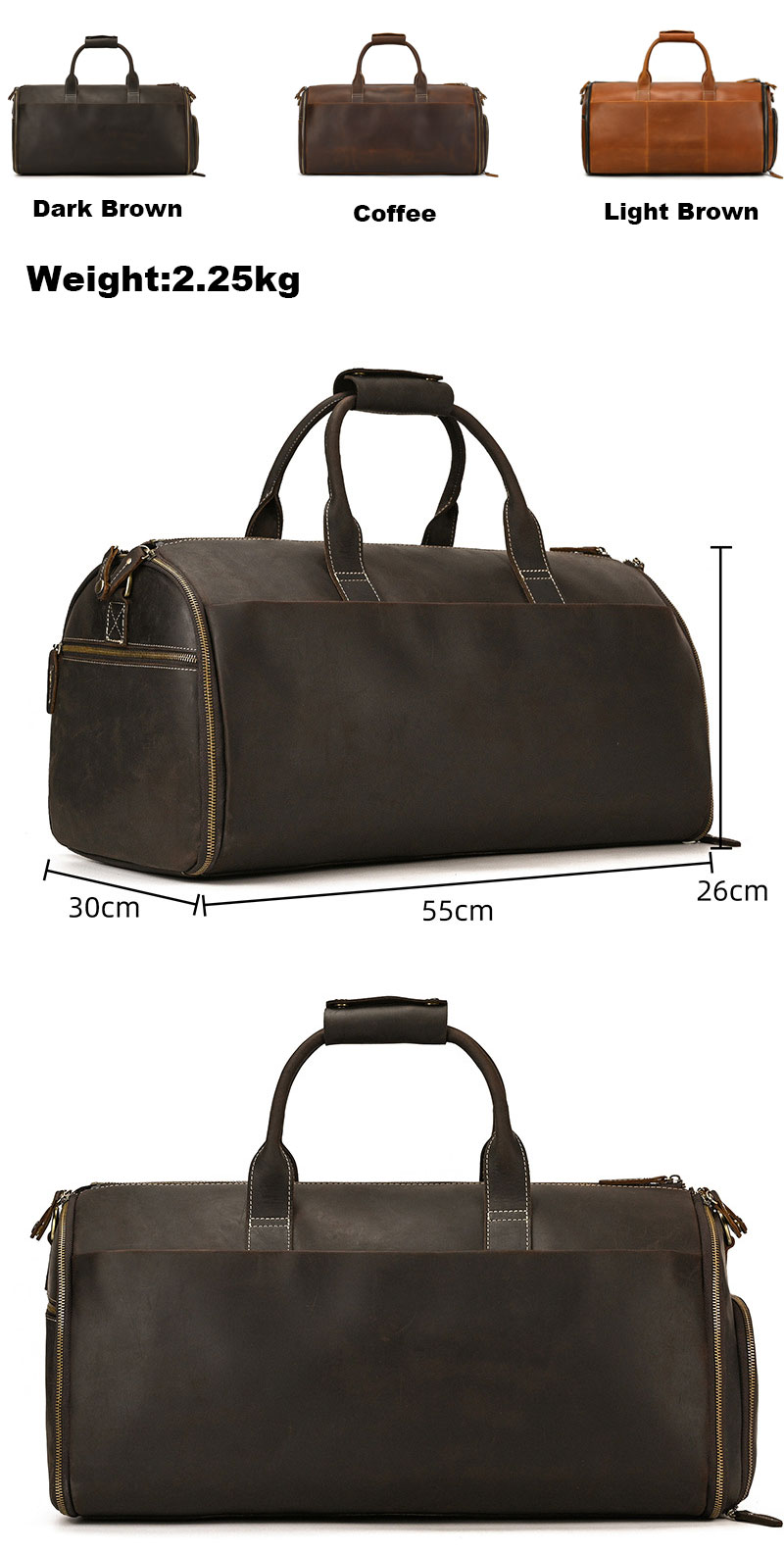  Premium Crazy Horse Leather Weekender Garment Bag Duffel Bag for Men  