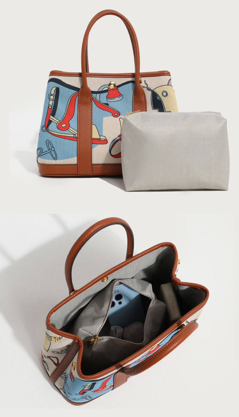 ew Design Canvas Print Tote Bag PU Leather Handbag for Women