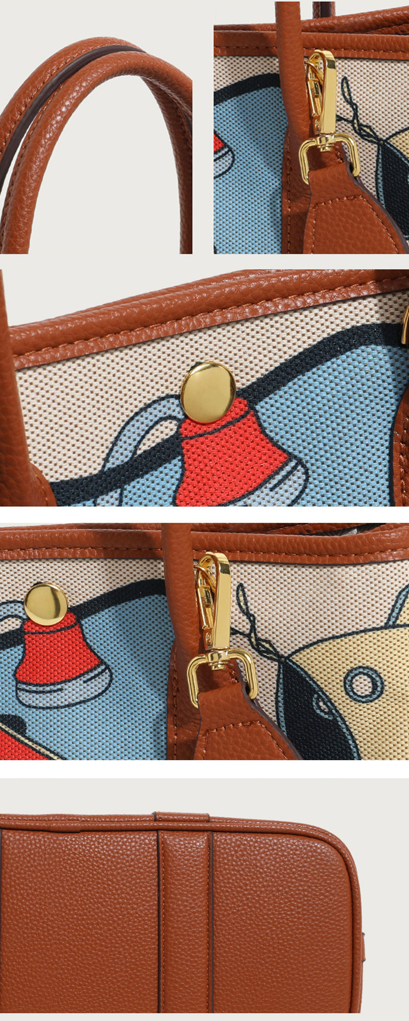 ew Design Canvas Print Tote Bag PU Leather Handbag for Women