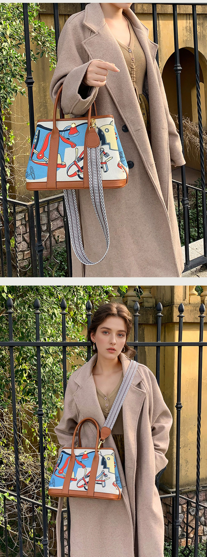 ew Design Canvas Print Tote Bag PU Leather Handbag for Women