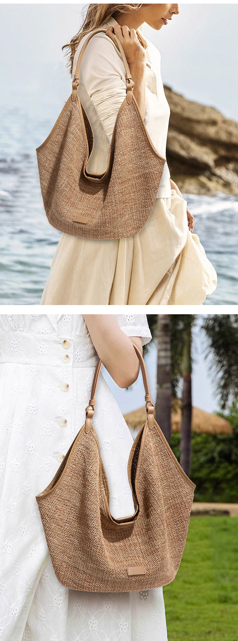Trendy Custom Large Capacity Beige Straw Shoulder Bag for Women